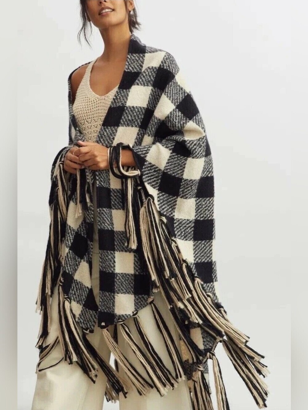 Anthropologie Maeve Buffalo Check Fringe Shawl Whimsigoth Boho Cozy Cape OS